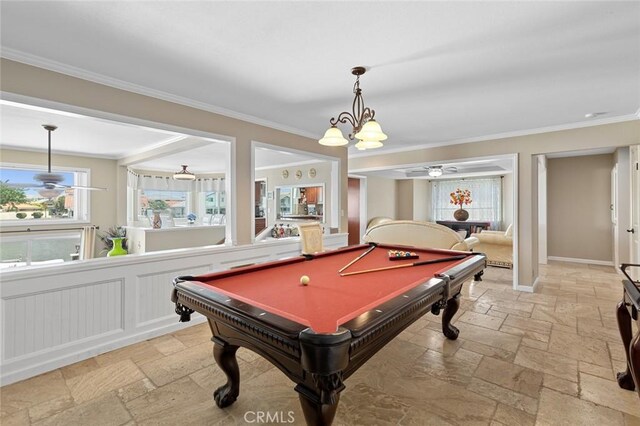 13545 Anchor Dr, Victorville, CA 92395 - rec room with stone tile flooring, healthy amount of natural light, crown molding, and billiards table