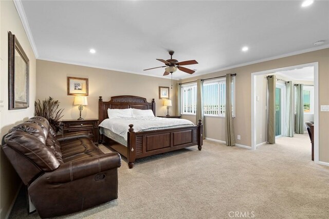 13545 Anchor Dr, Victorville, CA 92395 - bedroom with ornamental molding, recessed lighting, baseboards, light colored carpet, and ceiling fan