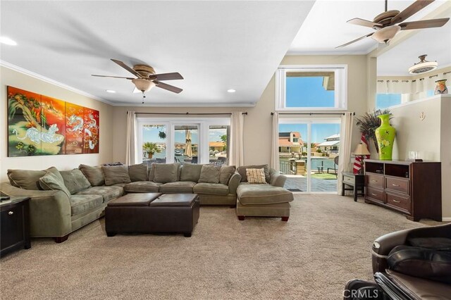 13545 Anchor Dr, Victorville, CA 92395 - carpeted living room with a ceiling fan, crown molding, and recessed lighting