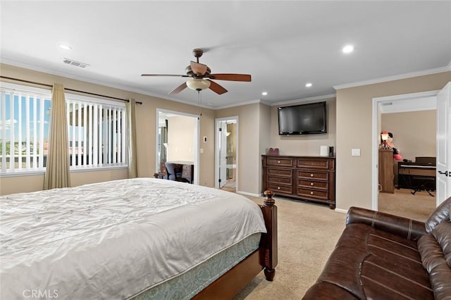 13545 Anchor Dr, Victorville, CA 92395 - bedroom with light carpet, crown molding, recessed lighting, baseboards, and ceiling fan