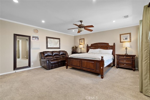 13545 Anchor Dr, Victorville, CA 92395 - bedroom with ornamental molding, light carpet, recessed lighting, baseboards, and ceiling fan