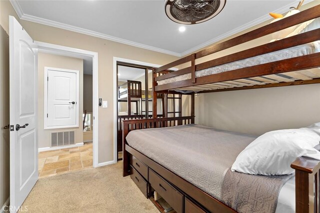 13545 Anchor Dr, Victorville, CA 92395 - bedroom with light carpet, baseboards, crown molding, recessed lighting, and light stone finish floors