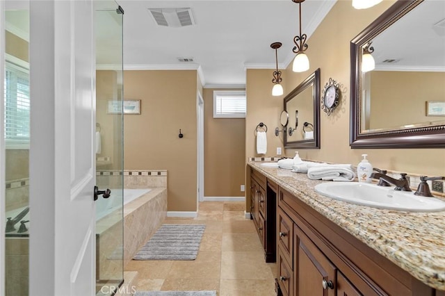 13545 Anchor Dr, Victorville, CA 92395 - bathroom featuring a shower stall, ornamental molding, double vanity, a bath, and baseboards