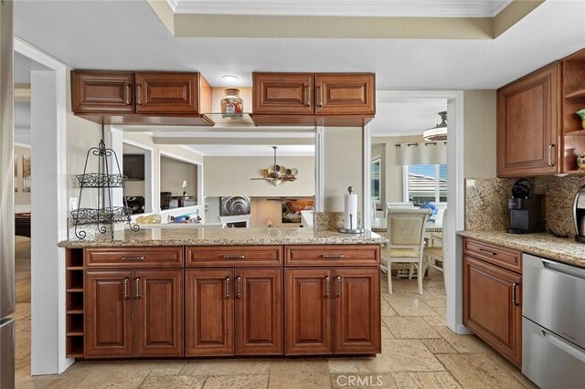 13545 Anchor Dr, Victorville, CA 92395 - kitchen with open shelves, a tray ceiling, ornamental molding, dishwasher, and tasteful backsplash