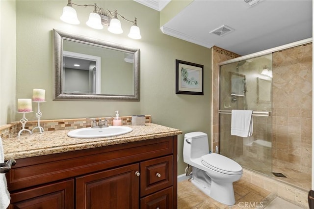 13545 Anchor Dr, Victorville, CA 92395 - bathroom with toilet, a stall shower, vanity, and ornamental molding