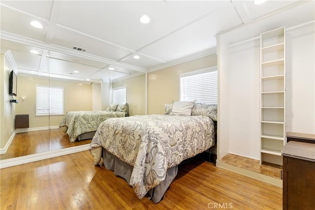 1933 W 147th St, Gardena, CA 90249 - bedroom featuring wood finished floors, ornamental molding, baseboards, coffered ceiling, and recessed lighting
