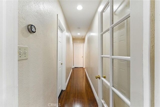 1933 W 147th St, Gardena, CA 90249 - hall featuring attic access, wood finished floors, baseboards, recessed lighting, and a textured wall