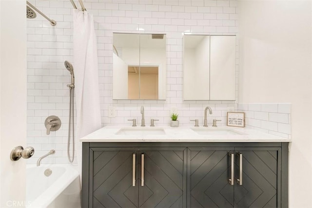 1417 E Abbottson St, Carson, CA 90746 - full bath with shower / bathtub combination with curtain, double vanity, tasteful backsplash, and tile walls