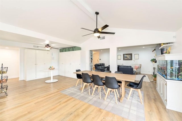 1417 E Abbottson St, Carson, CA 90746 - dining space with ceiling fan, light wood-style floors, high vaulted ceiling, a multi sided fireplace, and beamed ceiling