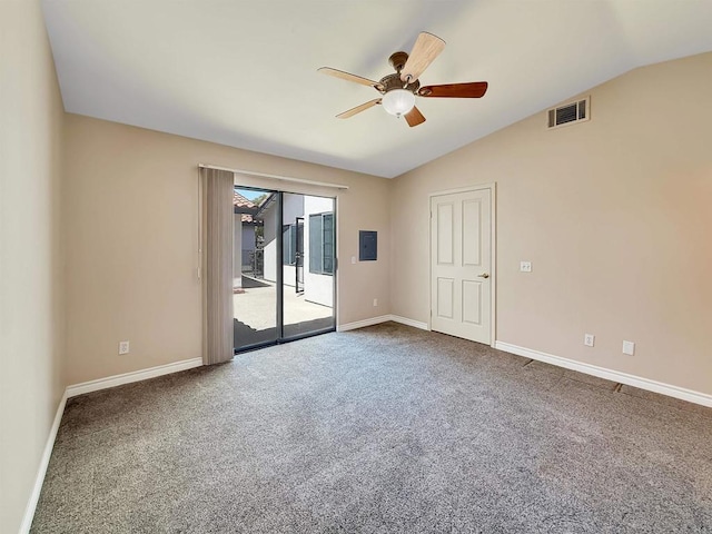 1074 Merrill Cir, Hemet, CA 92545 - carpeted empty room featuring a ceiling fan, vaulted ceiling, baseboards, and electric panel