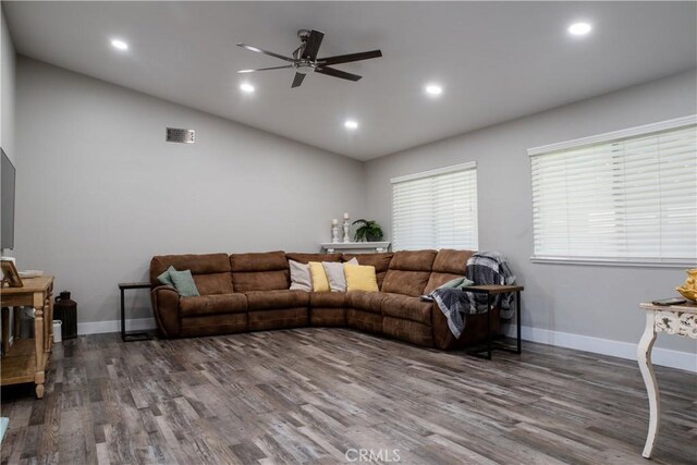 6338 Countryside Ct, Orland, CA 95963 - living area with ceiling fan, wood finished floors, lofted ceiling, recessed lighting, and baseboards