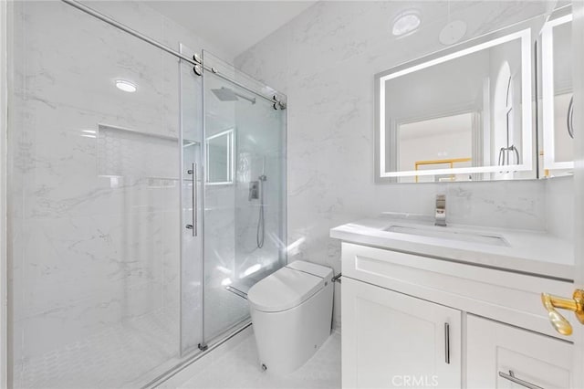 2638 Highridge Dr, Chino Hills, CA 91709 - bathroom featuring a marble finish shower, tile walls, toilet, and vanity
