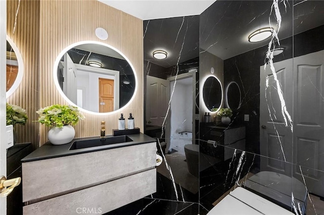 2638 Highridge Dr, Chino Hills, CA 91709 - bathroom with marble tiled flooring, vanity, and a shower