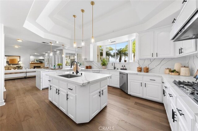 2638 Highridge Dr, Chino Hills, CA 91709 - kitchen with a sink, ventilation hood, a raised ceiling, appliances with stainless steel finishes, and a center island with sink