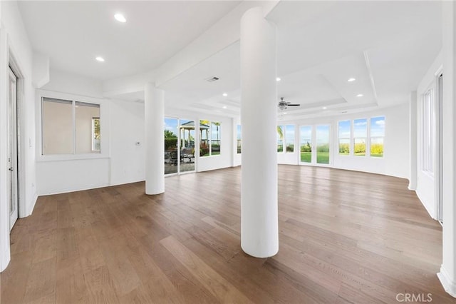 2638 Highridge Dr, Chino Hills, CA 91709 - unfurnished living room featuring wood finished floors, a raised ceiling, recessed lighting, and ceiling fan