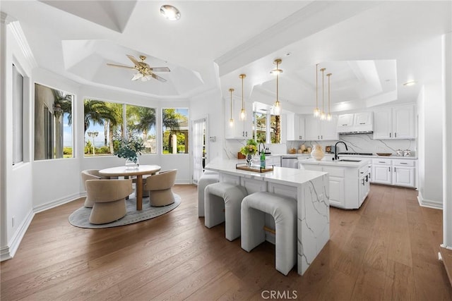 2638 Highridge Dr, Chino Hills, CA 91709 - kitchen featuring a raised ceiling, a kitchen island with sink, dishwasher, a ceiling fan, and white cabinetry