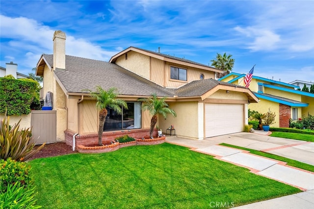 view of front of house featuring an attached garage, a chimney, driveway, and a front lawn