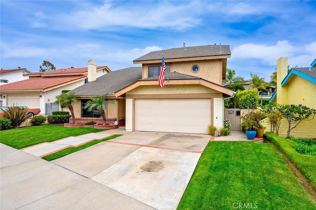 traditional-style house featuring driveway, a front yard, stucco siding, and an attached garage