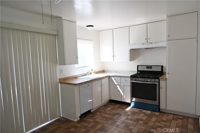 25258 Taylor St, Loma Linda, CA 92354 - kitchen featuring stainless steel range with gas stovetop, a sink, dishwasher, under cabinet range hood, and brick patterned flooring