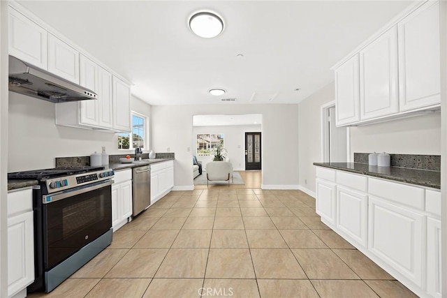 811 W San Marino Ave, Alhambra, CA 91801 - kitchen with stainless steel appliances, under cabinet range hood, dark countertops, and white cabinets