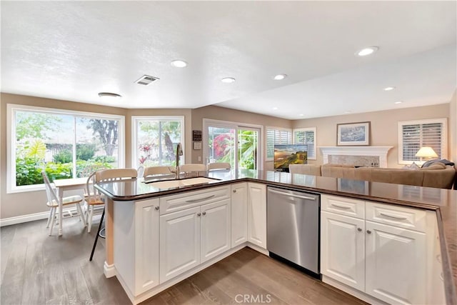 kitchen featuring a sink, stainless steel dishwasher, dark countertops, wood finished floors, and recessed lighting