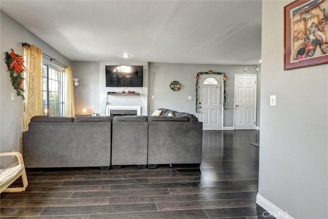 13580 Foothill Blvd Unit 1, Sylmar, CA 91342 - living room with dark wood-style floors, baseboards, and a fireplace