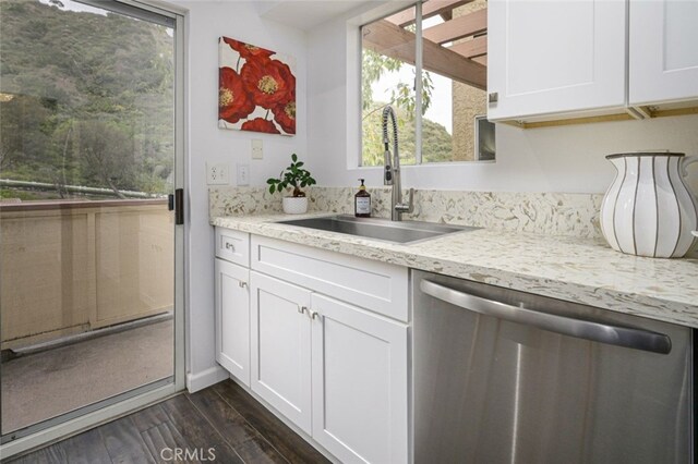 kitchen featuring stainless steel dishwasher, a sink, dark wood-style floors, and white cabinets