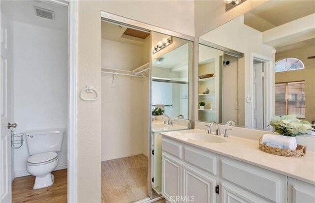 bathroom featuring vanity, toilet, and wood finished floors