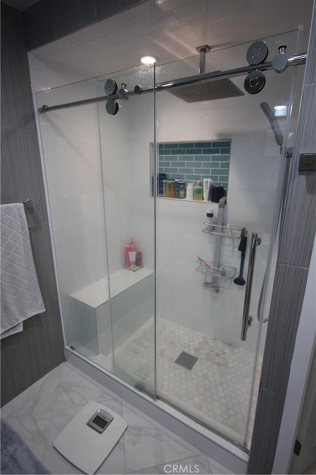 220 S Guadalupe Ave Unit 5, Redondo Beach, CA 90277 - bathroom with a shower stall and marble look tile flooring