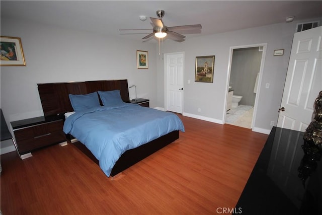 220 S Guadalupe Ave Unit 5, Redondo Beach, CA 90277 - bedroom with wood finished floors, baseboards, ensuite bathroom, and ceiling fan