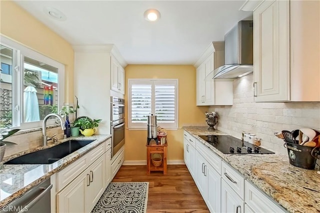 kitchen with wall chimney range hood, a sink, appliances with stainless steel finishes, decorative backsplash, and wood finished floors