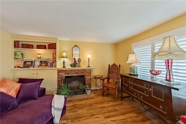 living area featuring wood finished floors and a fireplace