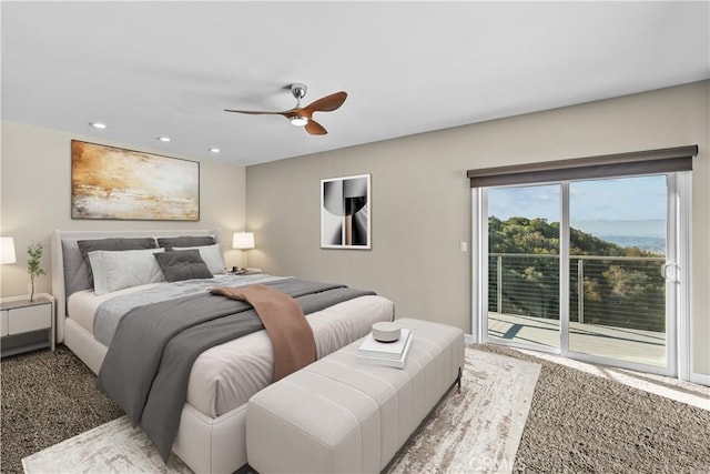 561 S Ventu Park Rd, Newbury Park, CA 91320 - bedroom with access to exterior, light colored carpet, recessed lighting, and ceiling fan