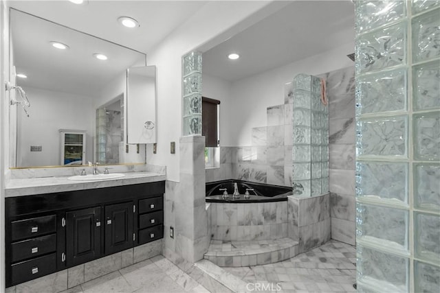 561 S Ventu Park Rd, Newbury Park, CA 91320 - bathroom featuring vanity, a bath, recessed lighting, and a walk in shower