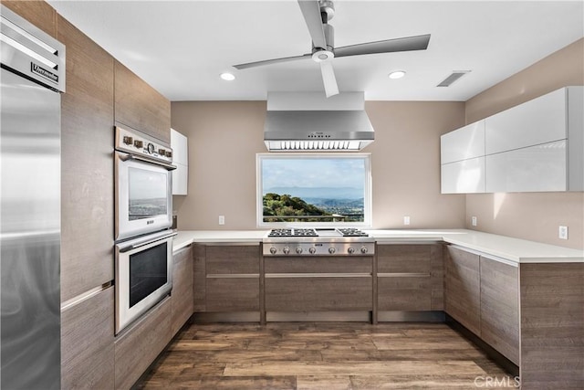 561 S Ventu Park Rd, Newbury Park, CA 91320 - kitchen featuring appliances with stainless steel finishes, modern cabinets, ceiling fan, wall chimney range hood, and recessed lighting