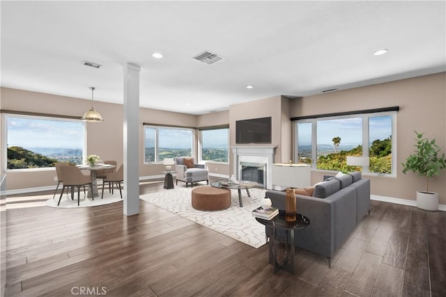 561 S Ventu Park Rd, Newbury Park, CA 91320 - living room with wood finished floors, a glass covered fireplace, and recessed lighting