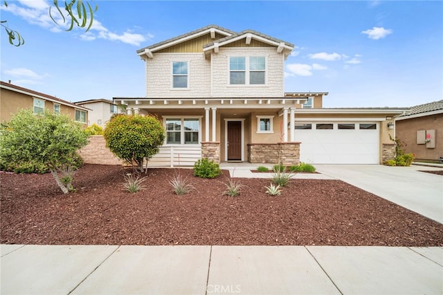 33378 Barmetta Ln, Temecula, CA 92592 - craftsman-style house featuring stone siding, covered porch, concrete driveway, a garage, and stucco siding