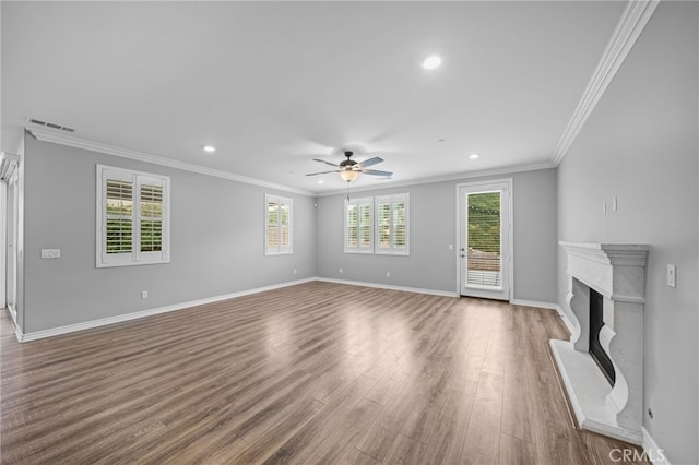 33378 Barmetta Ln, Temecula, CA 92592 - unfurnished living room featuring recessed lighting, a ceiling fan, ornamental molding, baseboards, and wood finished floors