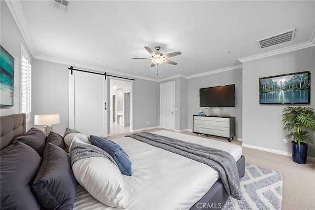 33378 Barmetta Ln, Temecula, CA 92592 - bedroom with a barn door, baseboards, ornamental molding, ceiling fan, and carpet flooring
