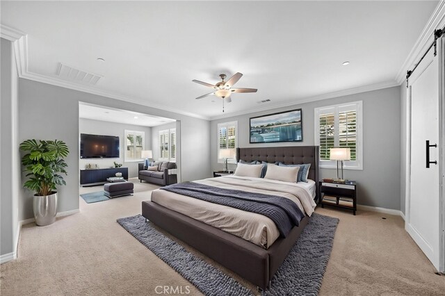 33378 Barmetta Ln, Temecula, CA 92592 - bedroom featuring light carpet, baseboards, crown molding, a ceiling fan, and recessed lighting