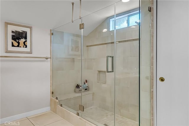 1475 Trenton Dr, Riverside, CA 92506 - full bath with tile patterned floors, a shower stall, lofted ceiling, and baseboards