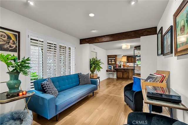 1475 Trenton Dr, Riverside, CA 92506 - living area featuring beam ceiling, light wood-type flooring, recessed lighting, and baseboards