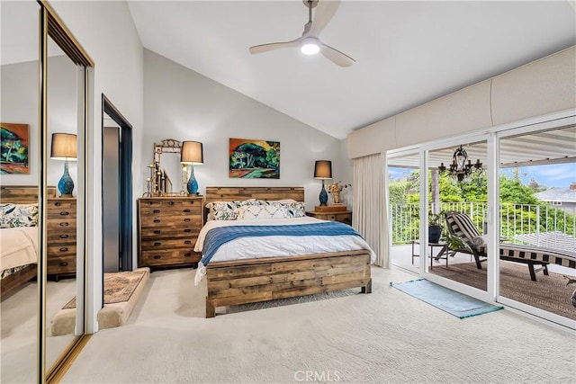 1475 Trenton Dr, Riverside, CA 92506 - carpeted bedroom featuring lofted ceiling, access to outside, and a ceiling fan
