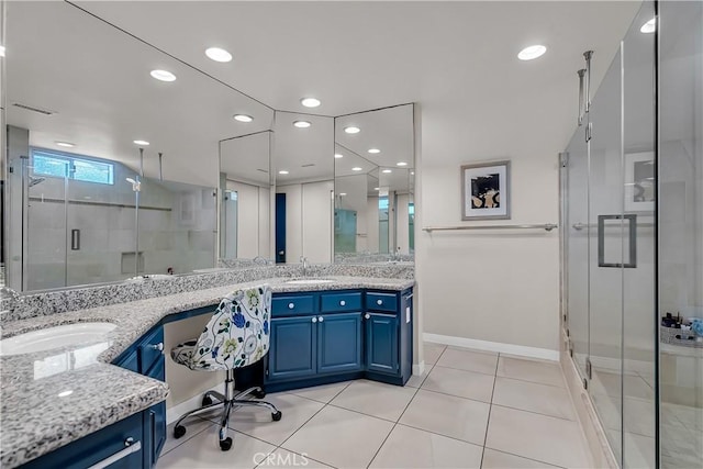 1475 Trenton Dr, Riverside, CA 92506 - full bathroom featuring a shower stall, double vanity, tile patterned flooring, recessed lighting, and baseboards