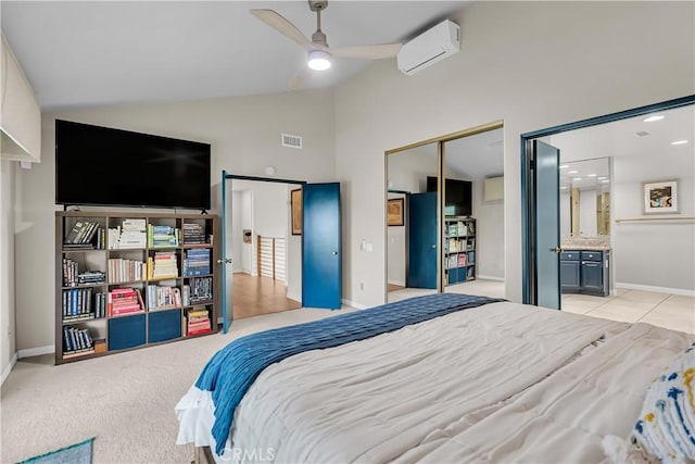 1475 Trenton Dr, Riverside, CA 92506 - bedroom with an AC wall unit, baseboards, a closet, high vaulted ceiling, and carpet floors
