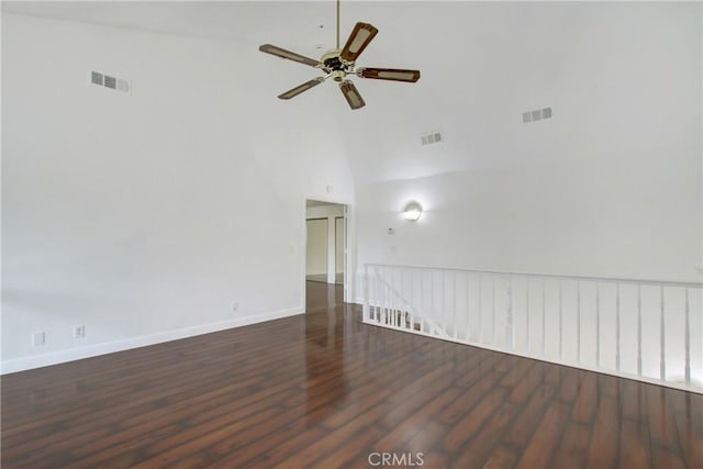 43195 Andrade Ave Unit A, Hemet, CA 92544 - empty room featuring high vaulted ceiling, ceiling fan, wood finished floors, and baseboards