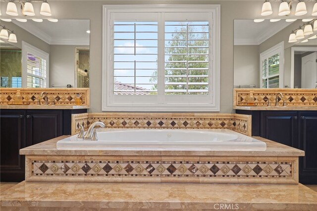 bathroom featuring ornamental molding, a garden tub, and vanity
