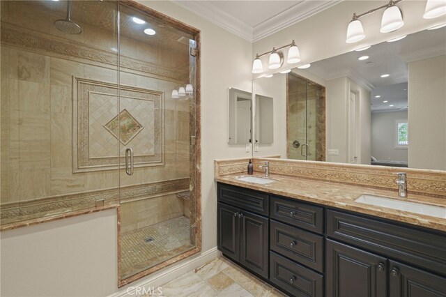 full bathroom featuring a shower stall, ornamental molding, double vanity, recessed lighting, and marble finish floors