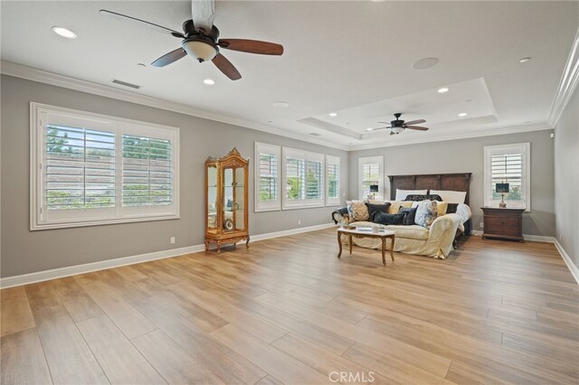 bedroom featuring multiple windows, ornamental molding, baseboards, light wood finished floors, and recessed lighting