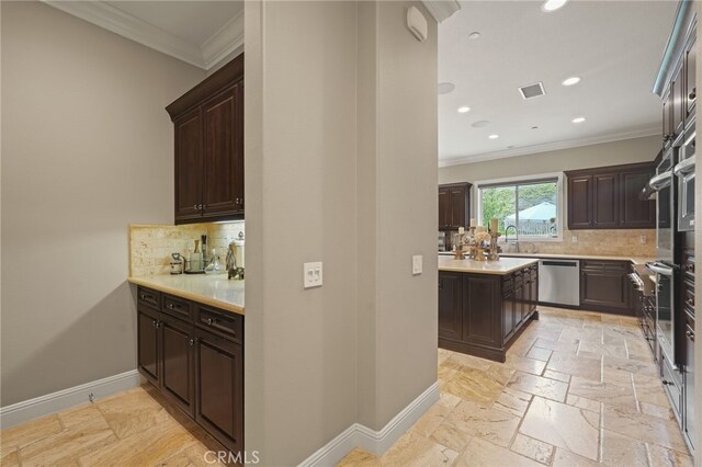 bar area featuring appliances with stainless steel finishes, ornamental molding, backsplash, recessed lighting, and baseboards